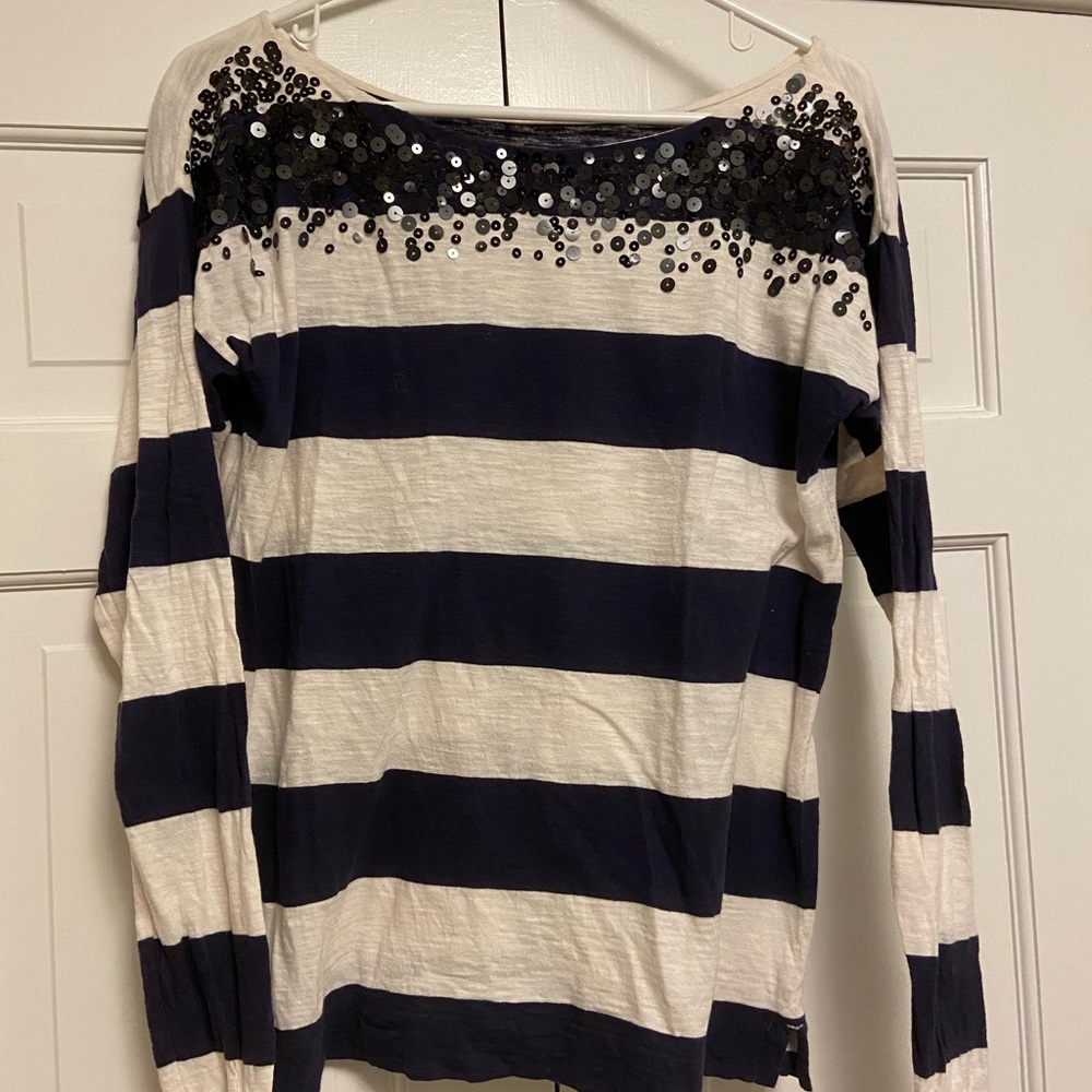 Loft navy and white striped top with sequins